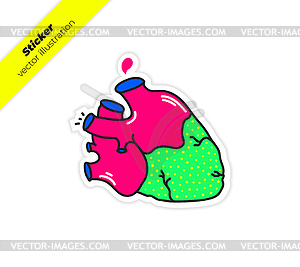 Real anatomy heart with aorta, drop blood sticker - vector clip art