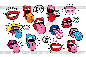 Youth lips stickers, patches in 70 s 80 s, pop art - vector clipart