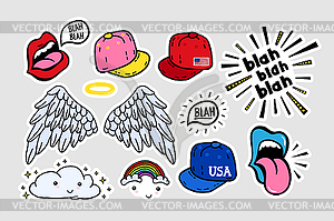 Comic cute stickers, patches in 70 s 80 s, 90 s - vector clip art