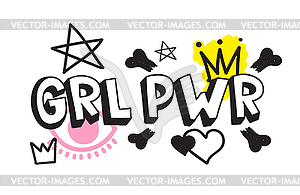 Короткая цитата GRL PWR. Девушка Power милый рисунок руки - цветной векторный клипарт