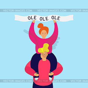 Girl sits on shoulders of guy, holds ribbon - vector clipart