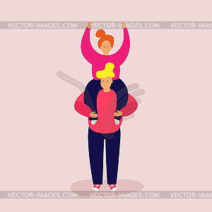 Smiling girl sits on shoulders of guy, raise hands - vector image