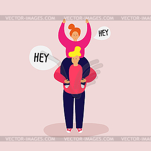 Smiling girl sits on shoulders of guy, raise hands - vector clip art