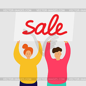 Smiling girl and boy stand and hold Sale banner - vector image