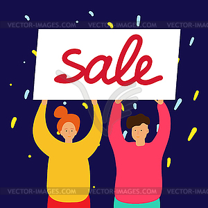 Smiling girl and boy stand and hold Sale banner - vector image