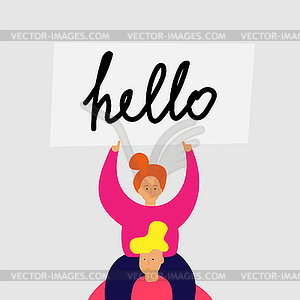 People hold banner Hello - vector clipart