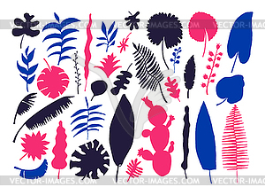 Набор рисованных ярких тропических растений - векторная графика