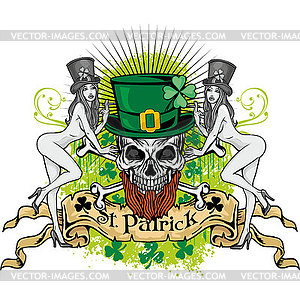 Irish coat of arms with skull and clover - vector clip art