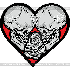 Human skull with heart love eyes for valentine day. Vector object scull  illustration. People bone design isolated on black background. Halloween  symbol., Stock vector