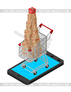 Christmas online sale. shopping cart and smartphone - vector image