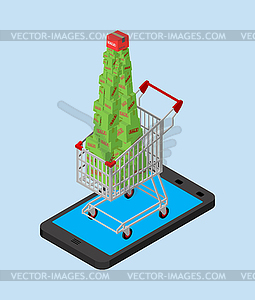 Christmas online sale. shopping cart and smartphone - vector clipart