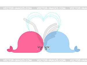 Cute whale love. Happy kids cartoon see animal kiss - vector image