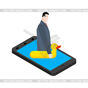 Businessman swim on smartphone. Boss on inflatable - vector clipart