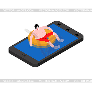 Человек расслабляющий на экране телефона. парень на надувной лодочке - векторное изображение клипарта