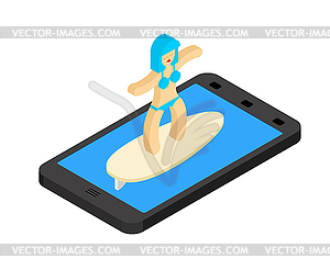 Surfing internet. Girl on surfboard floats on scree - vector clip art