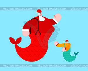 Santa Claus mermaid. Sea Christmas grandfather. Xma - vector image