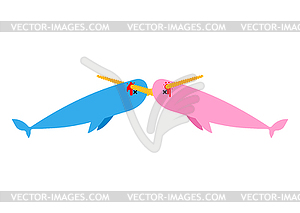 Narwhal kiss. Unicorn-fish love. See Animals pierce - vector image