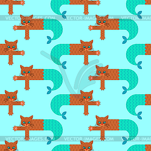 Cat mermaid pattern seamless. sea pet background. - vector image