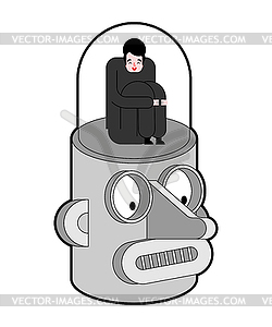 Man inside head of robot. Artificial Intelligence - vector clip art