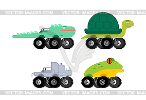 Monster Truck animal set. Cartoon car beast on big - vector clipart