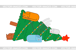 Cat dropped christmas tree. xmas - color vector clipart