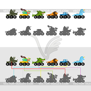 Find correct shadow. Monster Truck animal. Cartoon - vector image