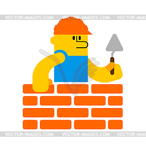 Builder and brick wall. Erector and wall. Building - vector clipart