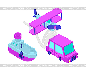 Игрушечный транспорт мультяшный набор стилей. Автомобиль и Самолет, - векторное графическое изображение