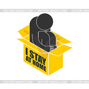 I stay at home sign, icon. Man sitting inside box. - vector image