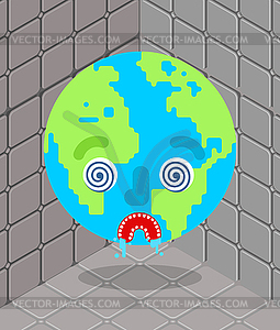 Crazy Earth in nuthouse. Mad planet in lunatic - vector image