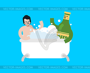 Beer lover Bathing in bath. Guy and bottle of - royalty-free vector clipart
