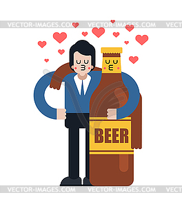 Beer lover Hugs. Guy and bottle of beer. Romantic - vector clip art