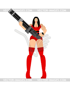 Dangerous lady with Minigun. Beautiful woman with - vector image