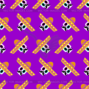 Skull in sombrero pattern seamless. day of dead in - vector image