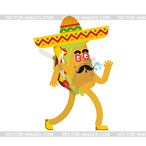 Tacos in sombrero. Cartoon Mexican fast food in hat - vector image