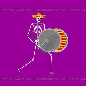 Drummer Skeleton and big drum. Dead man with musica - vector clip art