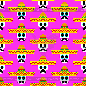 Skull in sombrero pattern seamless. day of dead in - vector image