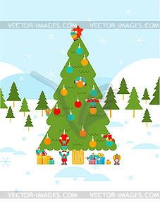 Christmas forest landscape. Festive Christmas tree - stock vector clipart