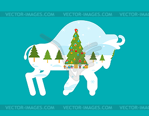 Silhouette bull Christmas forest landscape in its - vector clipart