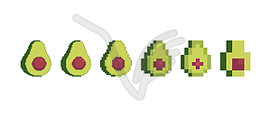 Avocado pixel art set. Tropical green fruit 8 bit. - vector image