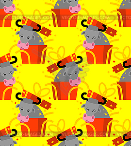 Bull out of box gift pattern seamless. Cow in gift - vector clipart