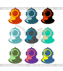 Underwater helmet set. Old diving helmet - vector clipart