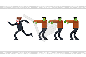 Zombie is chasing man. Zombi running after guy. - vector clipart