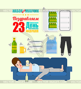 23 February. Mens set. Beer and fish. singlet and - vector clipart