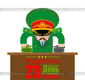 23 February. Army General Plays Toy Tanks. - vector image