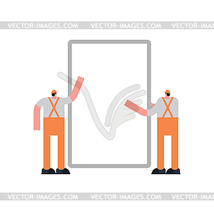 Workers hold blank sheet. Place for text - vector clipart