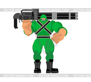 Soldier with big gun. Strong military man with - vector clipart