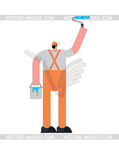 Painter paints. Painter with bucket of paint and - color vector clipart