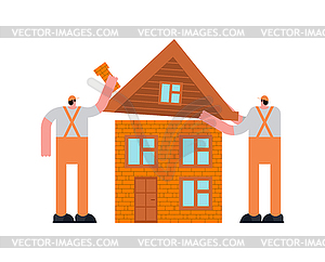 Builders building house cartoon. for developers - vector image