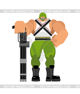 Soldier with big gun. Strong military man with - vector clipart